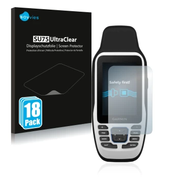 Front side of a product packaging with the brand logo Savvies. Next to it is the device Garmin GPSMAP 79s shown with the corre