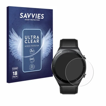 Front side of a product packaging with the brand logo Savvies. Next to it is the device Xiaomi Watch S1 shown with the corresp