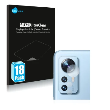 Front side of a product packaging with the brand logo Savvies. Next to it is the device Xiaomi 12 (ONLY Camera Lens) shown wit