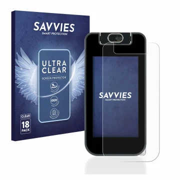 Front side of a product packaging with the brand logo Savvies. Next to it is the device Vtech Kidicom Advance 3.0 shown with t