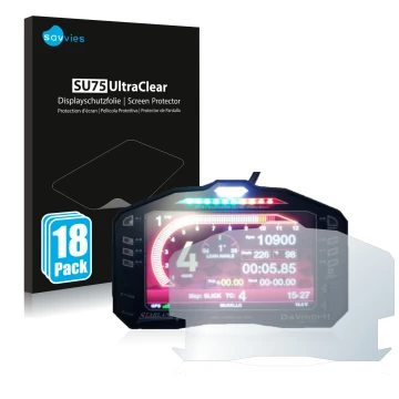 Front side of a product packaging with the brand logo Savvies. Next to it is the device Starlane DaVinci-II S shown with the c