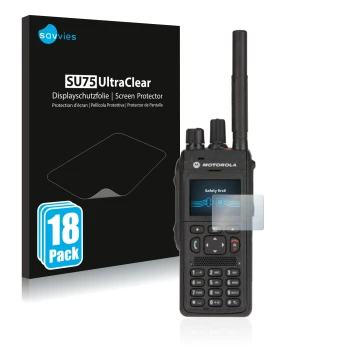 Front side of a product packaging with the brand logo Savvies. Next to it is the device Motorola MTP3550 shown with the corres