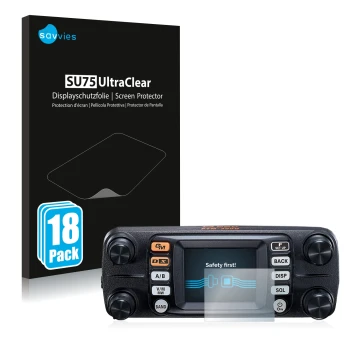 Front side of a product packaging with the brand logo Savvies. Next to it is the device Yaesu FTM-300DE shown with the corresp