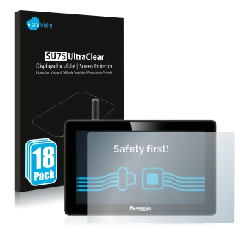 Front side of a product packaging with the brand logo Savvies. Next to it is the device Portkeys BM5 WR shown with the corresp