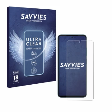 Front side of a product packaging with the brand logo Savvies. Next to it is the device Xiaomi Redmi Note 11 shown with the co