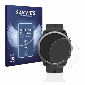 Front side of a product packaging with the brand logo Savvies. Next to it is the device Suunto 5 Peak shown with the correspon