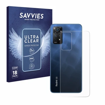 Front side of a product packaging with the brand logo Savvies. Next to it is the device Xiaomi Redmi Note 11 Pro 5G (Back) sho