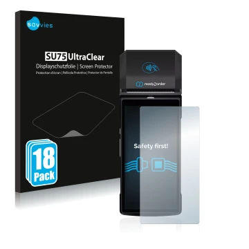 Front side of a product packaging with the brand logo Savvies. Next to it is the device Ready2order ReadyGo shown with the cor