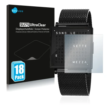 Front side of a product packaging with the brand logo Savvies. Next to it is the device Qlocktwo W35 shown with the correspond