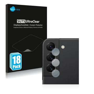 Front side of a product packaging with the brand logo Savvies. Next to it is the device Samsung Galaxy S22 5G (ONLY Camera Len