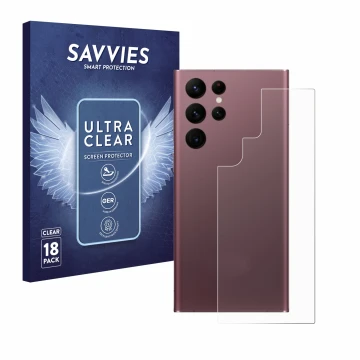 Front side of a product packaging with the brand logo Savvies. Next to it is the device Samsung Galaxy S22 Ultra 5G (Back) sho
