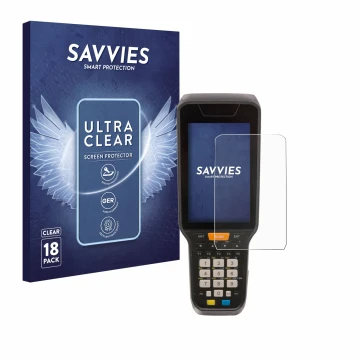 Front side of a product packaging with the brand logo Savvies. Next to it is the device Datalogic Skorpio X5 shown with the co