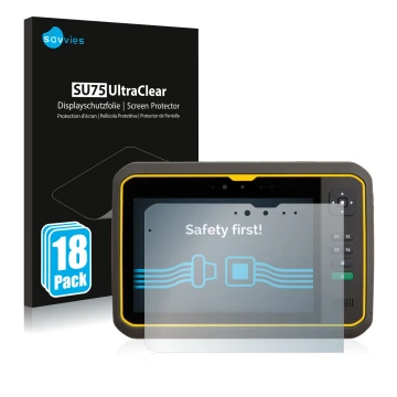 Front side of a product packaging with the brand logo Savvies. Next to it is the device Trimble T7 shown with the correspondin