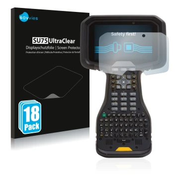 Front side of a product packaging with the brand logo Savvies. Next to it is the device Trimble TSC5 shown with the correspond