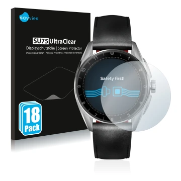 Front side of a product packaging with the brand logo Savvies. Next to it is the device TAG Heuer Connected Calibre E4 (42 mm)
