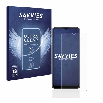 Front side of a product packaging with the brand logo Savvies. Next to it is the device Nokia G21 shown with the corresponding