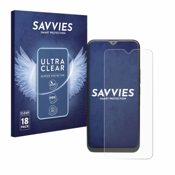 Front side of a product packaging with the brand logo Savvies. Next to it is the device 4G Systems Rephone shown with the corr