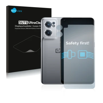 Front side of a product packaging with the brand logo Savvies. Next to it is the device OnePlus Nord CE 2 5G (Front+Camera) sh