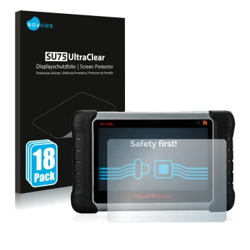 Front side of a product packaging with the brand logo Savvies. Next to it is the device Autel MaxiPRO MP808TS shown with the c