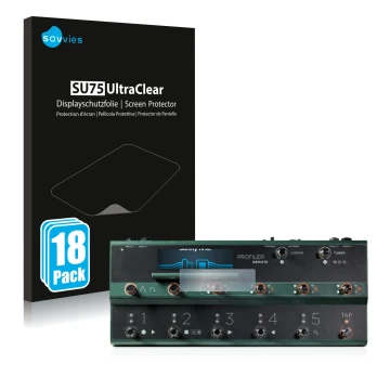 Front side of a product packaging with the brand logo Savvies. Next to it is the device Kemper Profiler Remote shown with the 