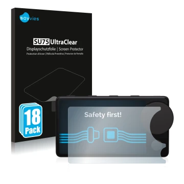 Front side of a product packaging with the brand logo Savvies. Next to it is the device Spotify Car Thing shown with the corre