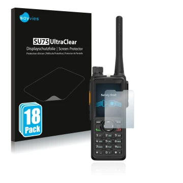 Front side of a product packaging with the brand logo Savvies. Next to it is the device Hytera HP785 shown with the correspond