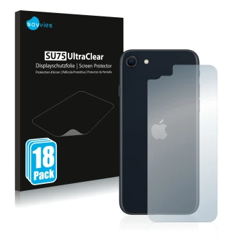 Front side of a product packaging with the brand logo Savvies. Next to it is the device Apple iPhone SE 3 2022 (Back) shown wi