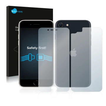 Front side of a product packaging with the brand logo Savvies. Next to it is the device Apple iPhone SE 3 2022 (Front+Back) sh