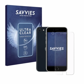 Front side of a product packaging with the brand logo Savvies. Next to it is the device Apple iPhone SE 3 2022 (Front+Camera) 