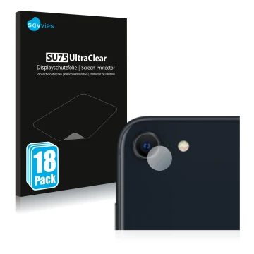 Front side of a product packaging with the brand logo Savvies. Next to it is the device Apple iPhone SE 3 2022 (ONLY Camera Le