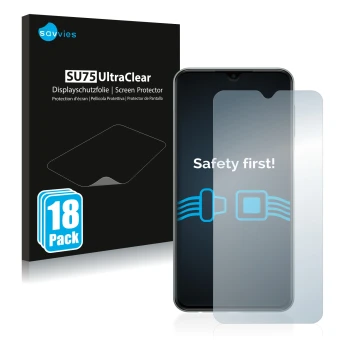 Front side of a product packaging with the brand logo Savvies. Next to it is the device Samsung Galaxy M33 shown with the corr