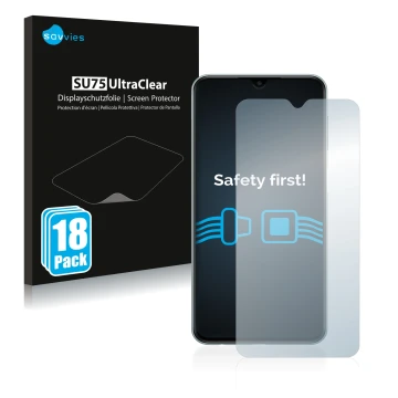 Front side of a product packaging with the brand logo Savvies. Next to it is the device Samsung Galaxy M23 shown with the corr