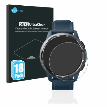 Front side of a product packaging with the brand logo Savvies. Next to it is the device Xiaomi Watch S1 Active shown with the 