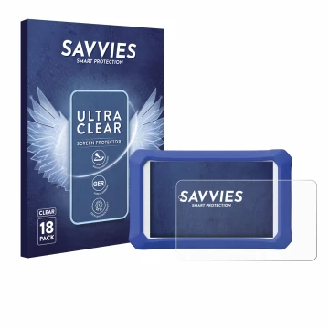 Front side of a product packaging with the brand logo Savvies. Next to it is the device Clementoni Clempad X Revolution shown 