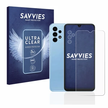 Front side of a product packaging with the brand logo Savvies. Next to it is the device Samsung Galaxy A13 (Front+Camera) show