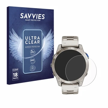Front side of a product packaging with the brand logo Savvies. Next to it is the device Garmin D2 Mach 1 shown with the corres