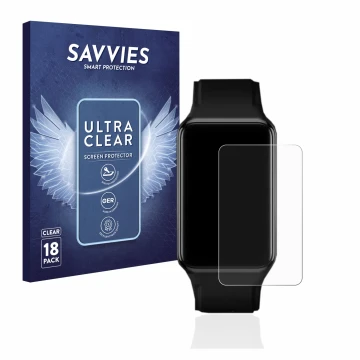 Front side of a product packaging with the brand logo Savvies. Next to it is the device Oppo Watch Free shown with the corresp