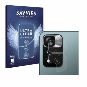 Front side of a product packaging with the brand logo Savvies. Next to it is the device Xiaomi Redmi Note 11 Pro+ 5G (ONLY Cam