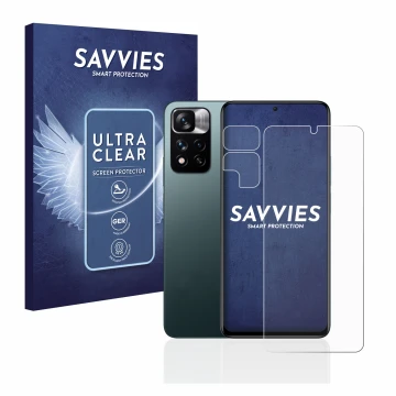 Front side of a product packaging with the brand logo Savvies. Next to it is the device Xiaomi Redmi Note 11 Pro+ 5G (Front+Ca