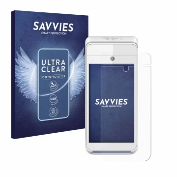 Front side of a product packaging with the brand logo Savvies. Next to it is the device Pax A920 shown with the corresponding 