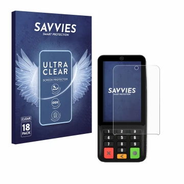 Front side of a product packaging with the brand logo Savvies. Next to it is the device Pax A35 shown with the corresponding s