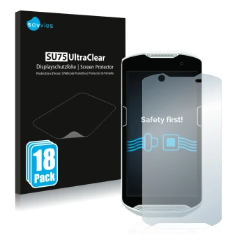 Front side of a product packaging with the brand logo Savvies. Next to it is the device Zebra TC52 shown with the correspondin