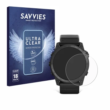 Front side of a product packaging with the brand logo Savvies. Next to it is the device Garmin Tactix 7 Pro Ballistics shown w