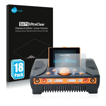 Front side of a product packaging with the brand logo Savvies. Next to it is the device Junsi iCharger 406 Duo shown with the 