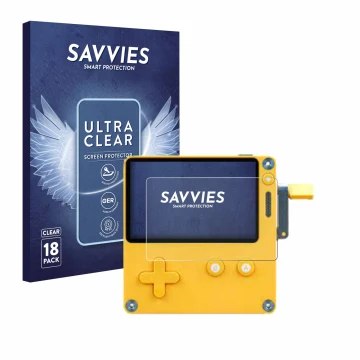 Front side of a product packaging with the brand logo Savvies. Next to it is the device Panic Playdate shown with the correspo