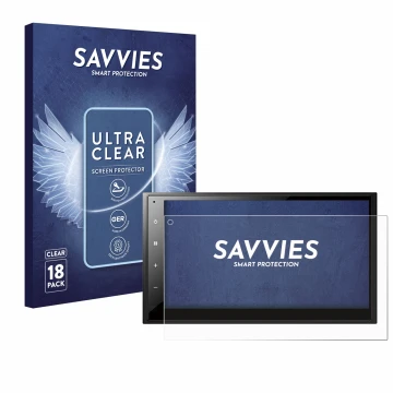 Front side of a product packaging with the brand logo Savvies. Next to it is the device Pioneer DMH-A340DAB shown with the cor