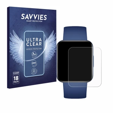 Front side of a product packaging with the brand logo Savvies. Next to it is the device Xiaomi Poco Watch shown with the corre