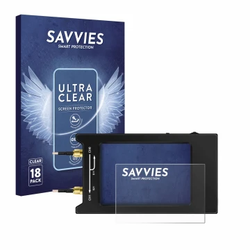 Front side of a product packaging with the brand logo Savvies. Next to it is the device NanoVNA H4 shown with the correspondin