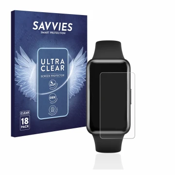 Front side of a product packaging with the brand logo Savvies. Next to it is the device Huawei Band 7 shown with the correspon