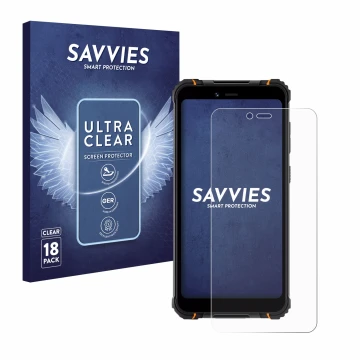 Front side of a product packaging with the brand logo Savvies. Next to it is the device Hotwav T5 Pro shown with the correspon